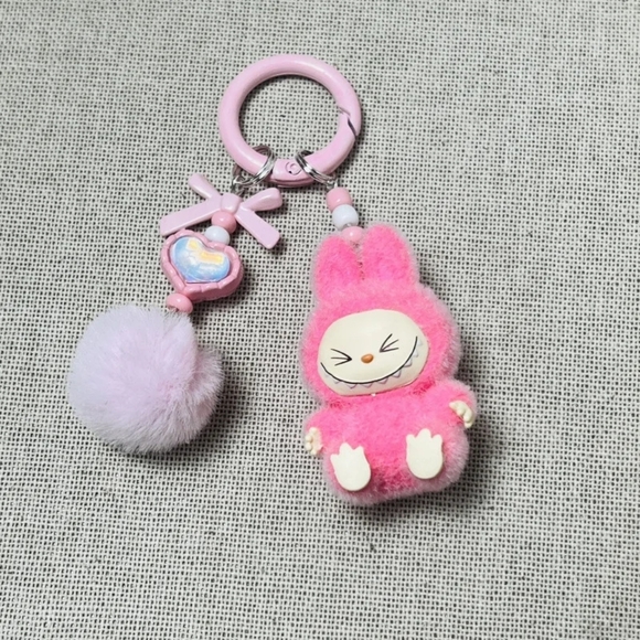 Flocked Fuzzy Have a Seat Labubu Keychain with Heart Gems Pom Pom Bag Charms NEW - Picture 7 of 16